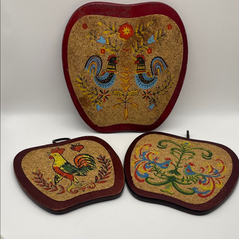 Vintage, Set of 3, PA Dutch Style, Wood & Cork Trivets,  Apple/Rooster Design